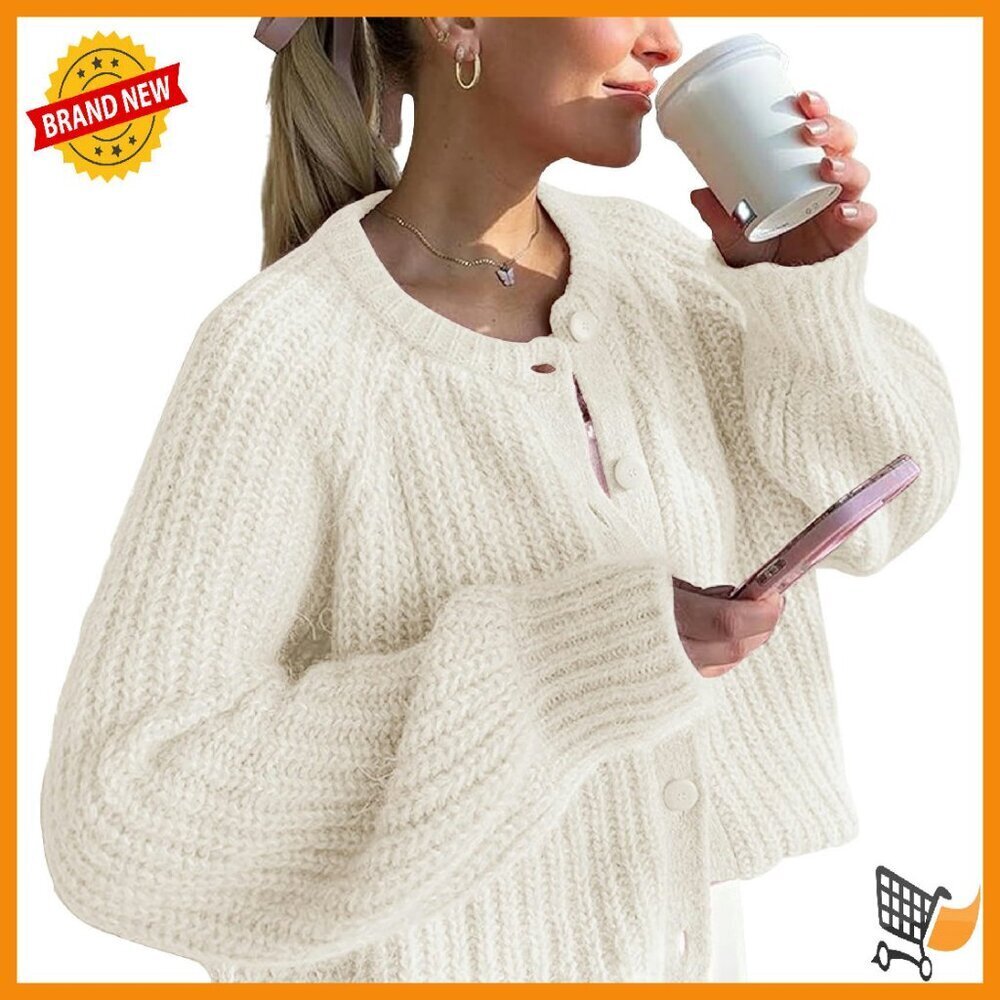 Chunky Knit Cardigan Women's Crew Neck Button Down Open Front Sweater